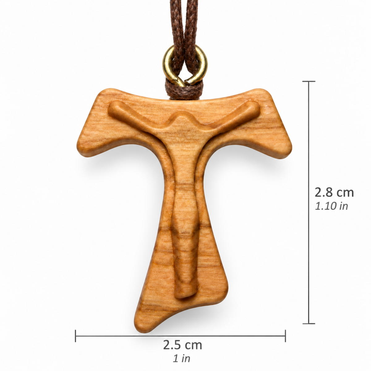 A wooden cross pendant with a carved recessed design, hanging from a brown cord with a gold ring, shown on a white background with dimension lines indicating 2.5 cm width and 2.8 Height