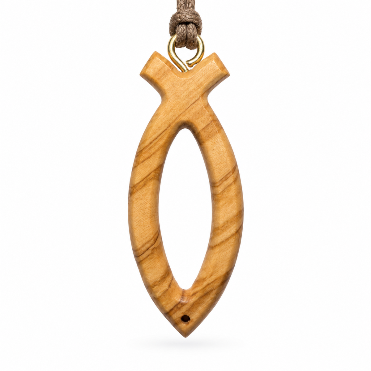 A wooden fish-shaped pendant with natural olive wood grain, suspended from a brown cord with a gold-colored metal loop, shown against a plain white background.