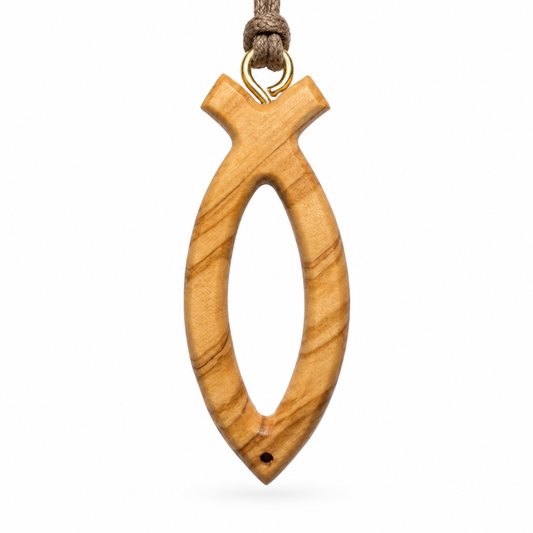 A wooden fish-shaped pendant with natural olive wood grain, suspended from a brown cord with a gold-colored metal loop, shown against a plain white background.