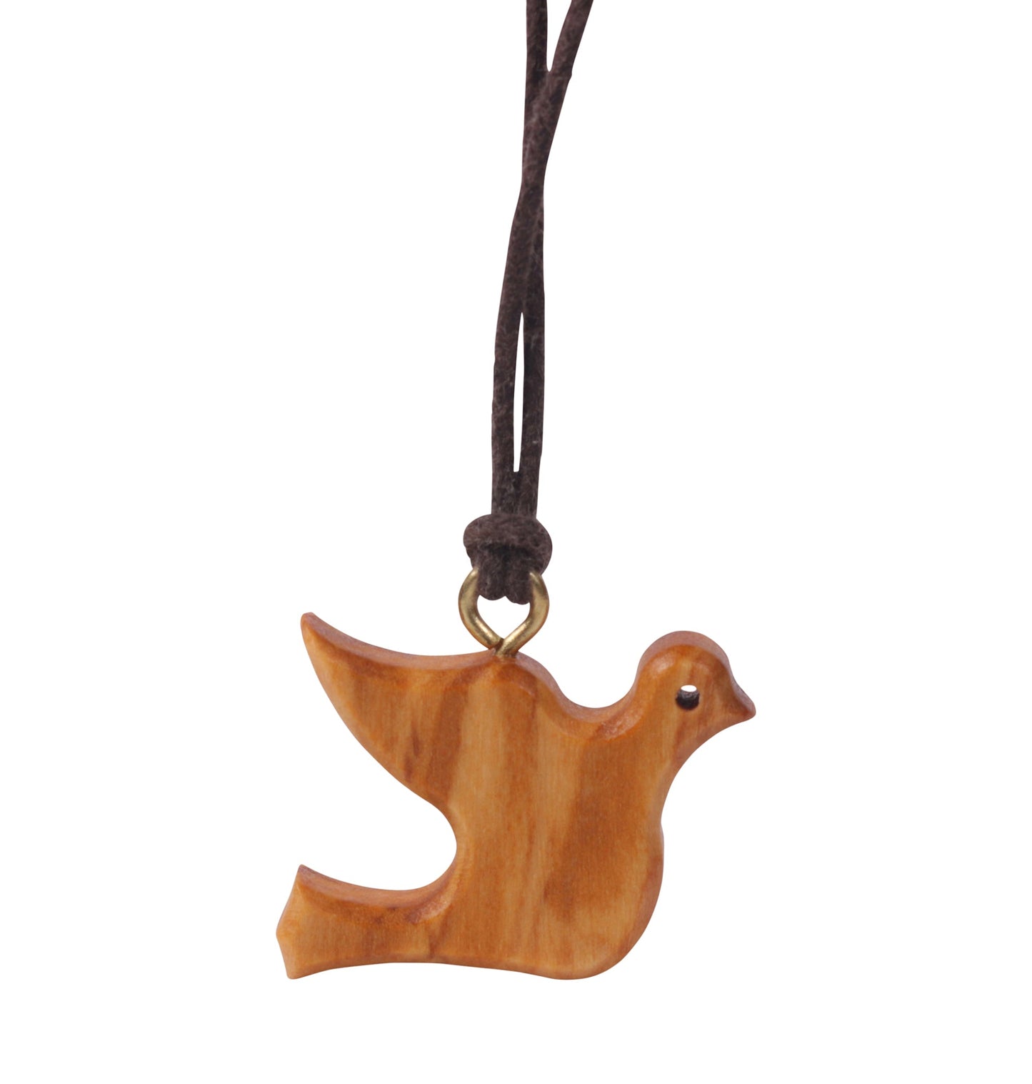 This pendant is a delicately carved representation of a dove, crafted from olive wood, which lends it a rich and warm natural tone. The dove's form is simplistic yet recognizable, capturing the essence of the bird with smooth curves and gentle contours. The dove pendant is attached to a cotton cord, making it suitable for wearing around the neck.