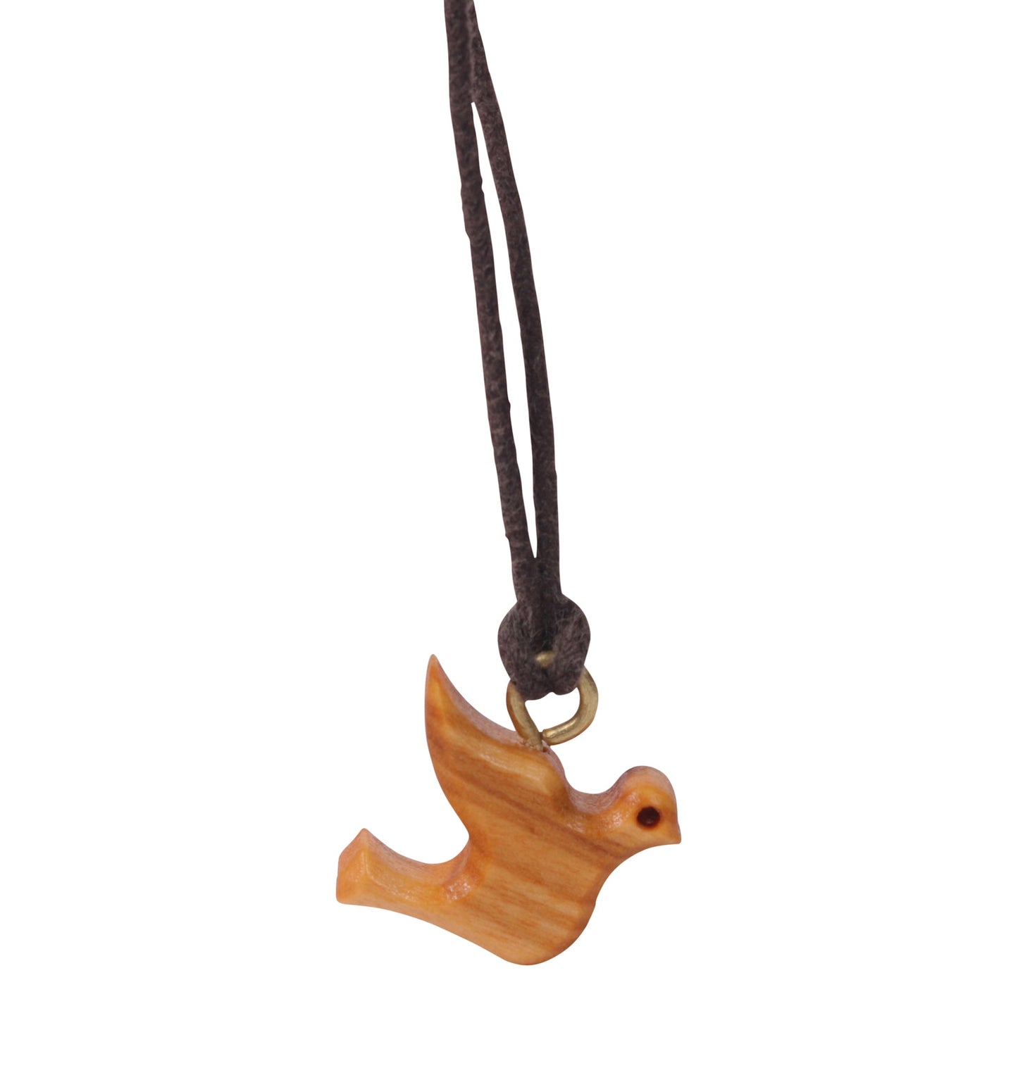 This pendant is a delicately carved representation of a dove, crafted from olive wood, which lends it a rich and warm natural tone. The dove's form is simplistic yet recognizable, capturing the essence of the bird with smooth curves and gentle contours. The dove pendant is attached to a cotton cord, making it suitable for wearing around the neck.