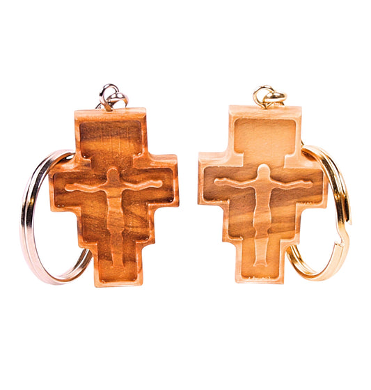 San Damiano Olive Wood Cross Keychain Close Up