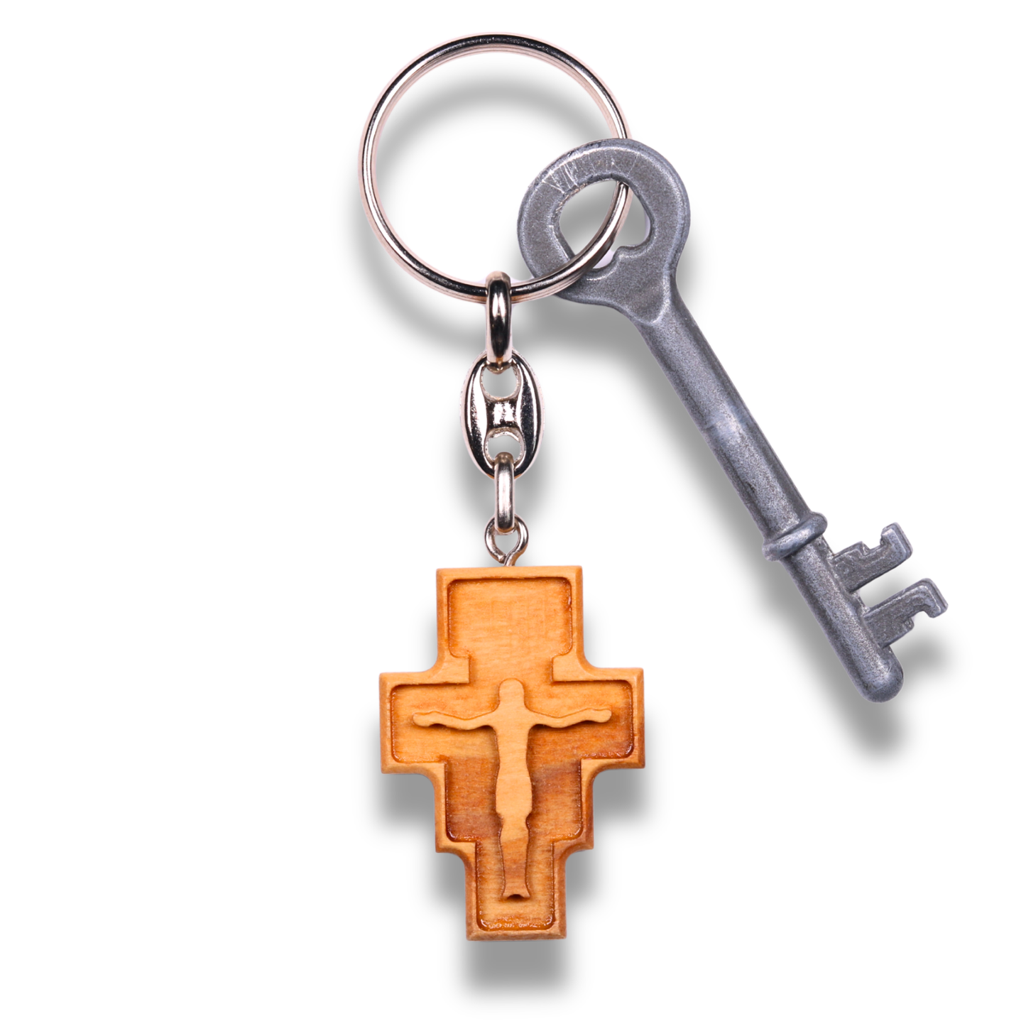 San Damiano Olive Wood Cross Keychain With Key