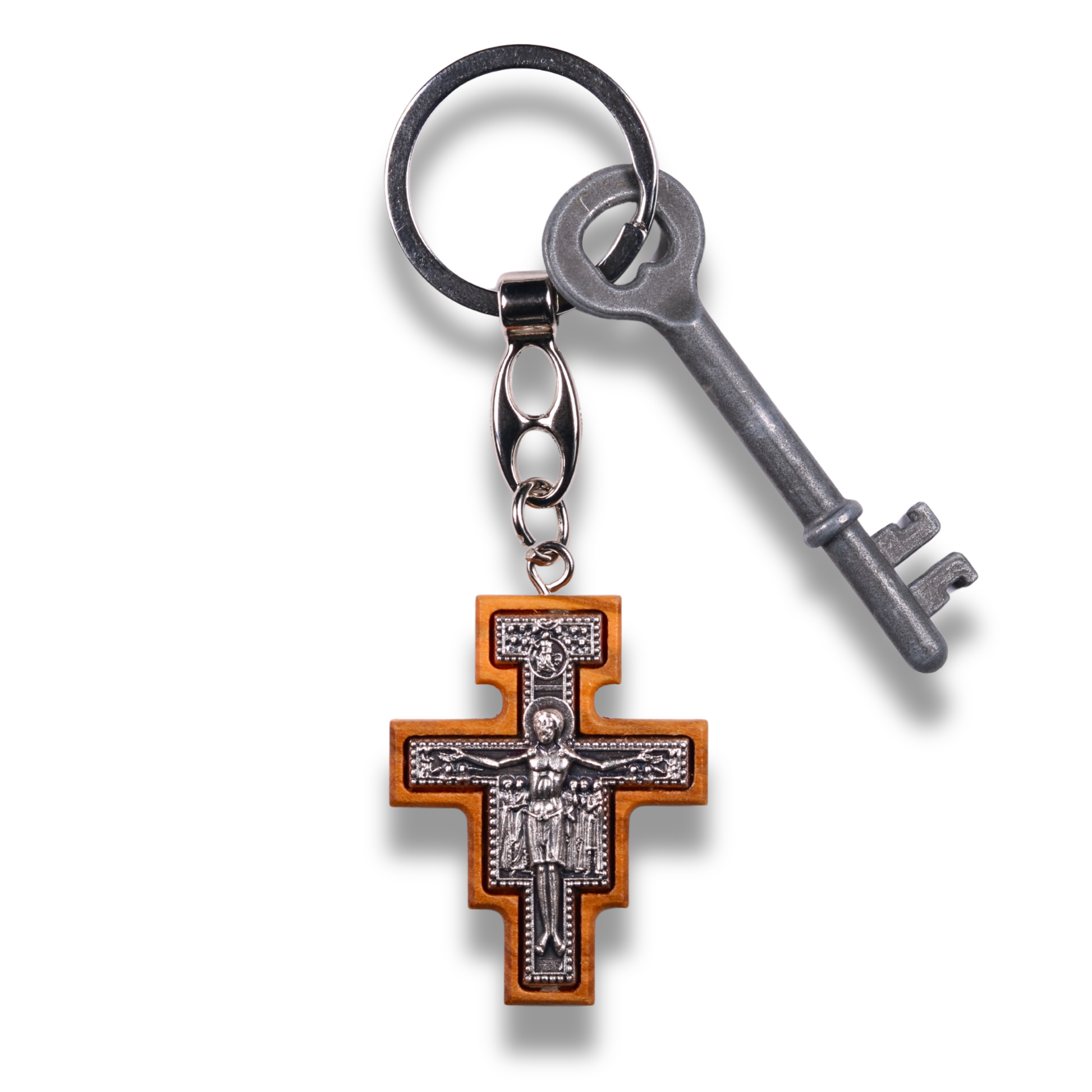 San Damiano Olive Wood Crucifix Keychain With Key