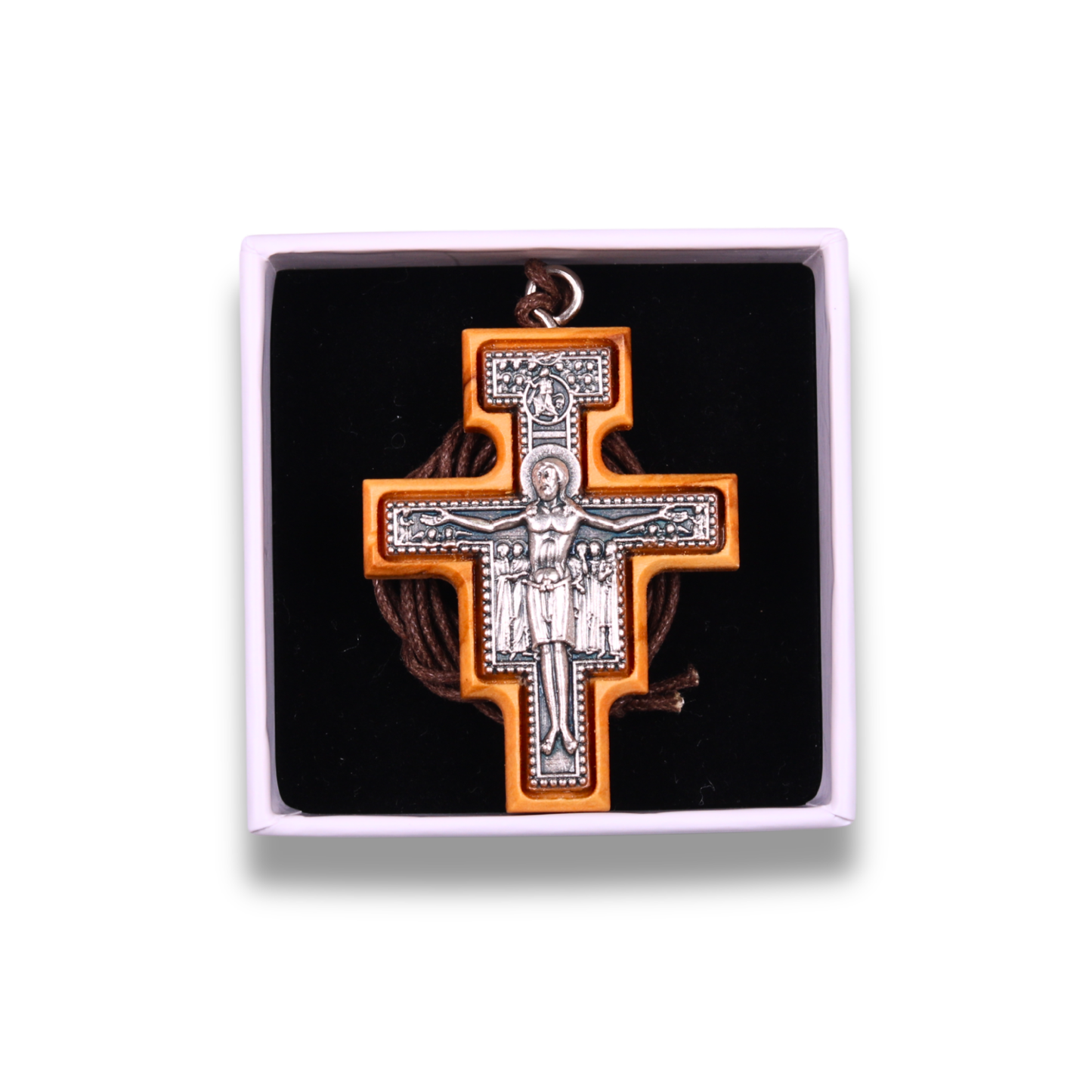 San Damiano Olive Wood Crucifix Necklace Large In Gift Box 