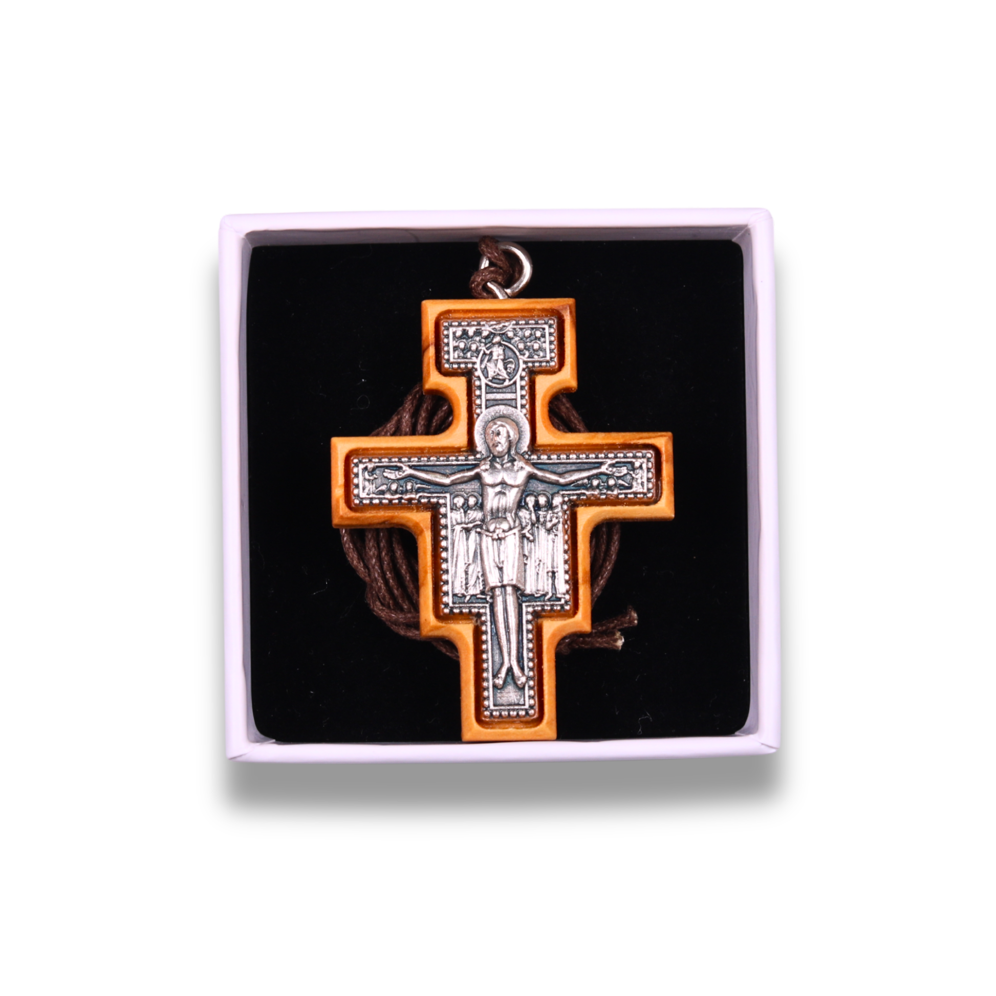 San Damiano Olive Wood Crucifix Necklace Large In Gift Box 