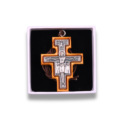 San Damiano Olive Wood Crucifix Necklace Large In Gift Box 