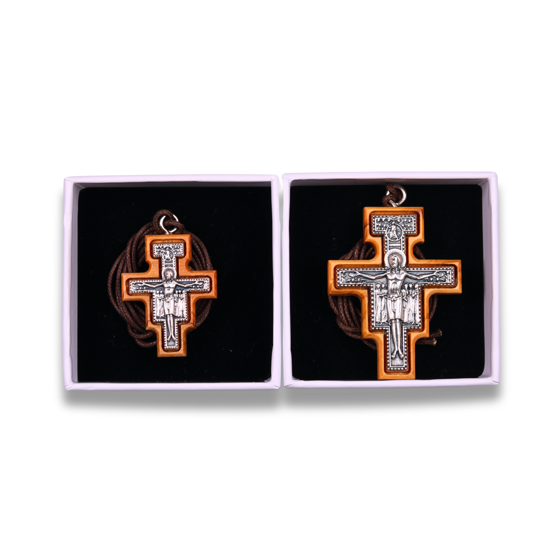San Damiano Olive Wood Crucifix Necklace Large and Small in gift box 