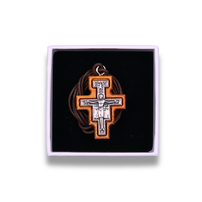San Damiano Olive Wood Crucifix Necklace Small In Gift Box