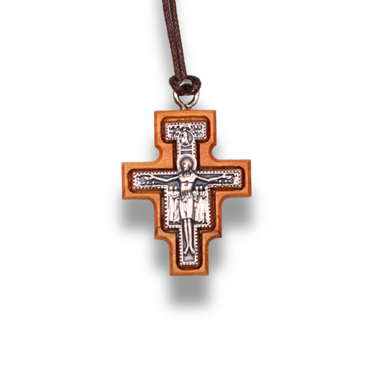 Detail view of San Damiano Olive Wood Crucifix Necklace