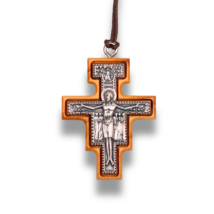 San Damiano Olive Wood Crucifix Necklace Large