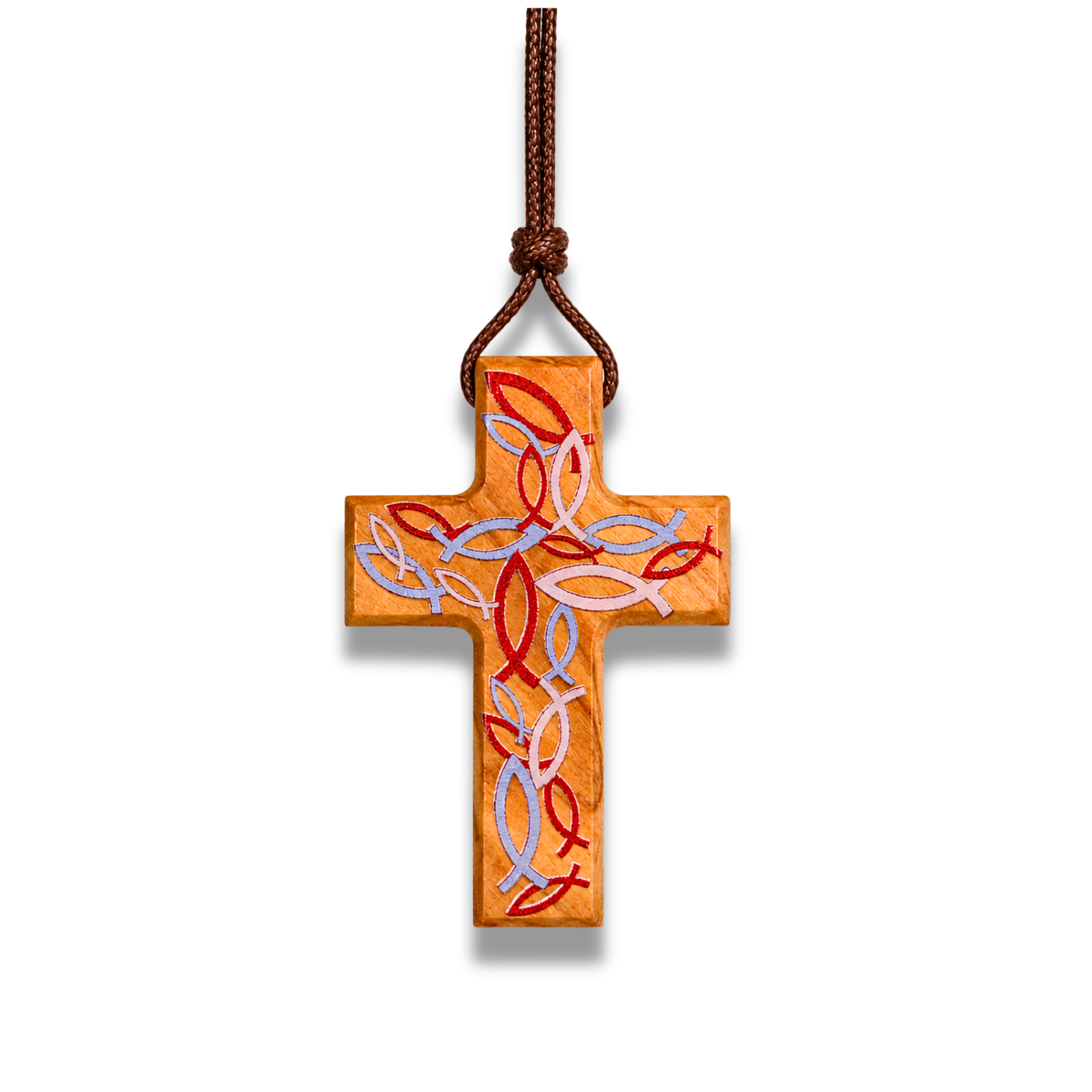 Handcrafted olive wood cross necklace featuring red Ichthus fish engravings forming a woven pattern on the surface, suspended on a brown cord.