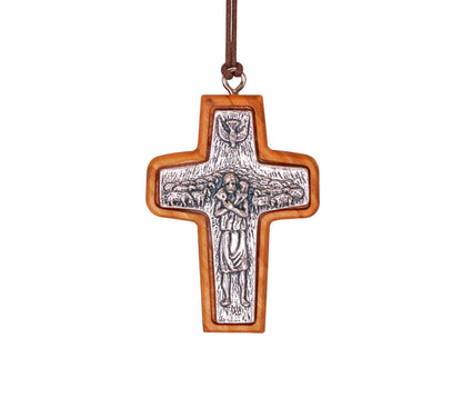 Shepherd's Embrace Pope Francis Olive Wood Framed Metal Cross Close Up