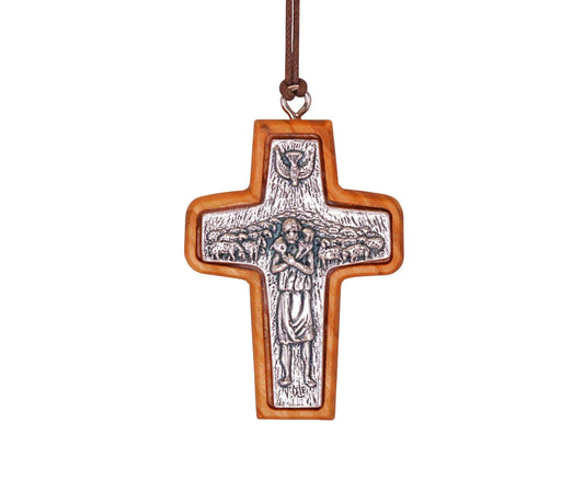 Shepherd's Embrace Pope Francis Olive Wood Framed Metal Cross Close Up