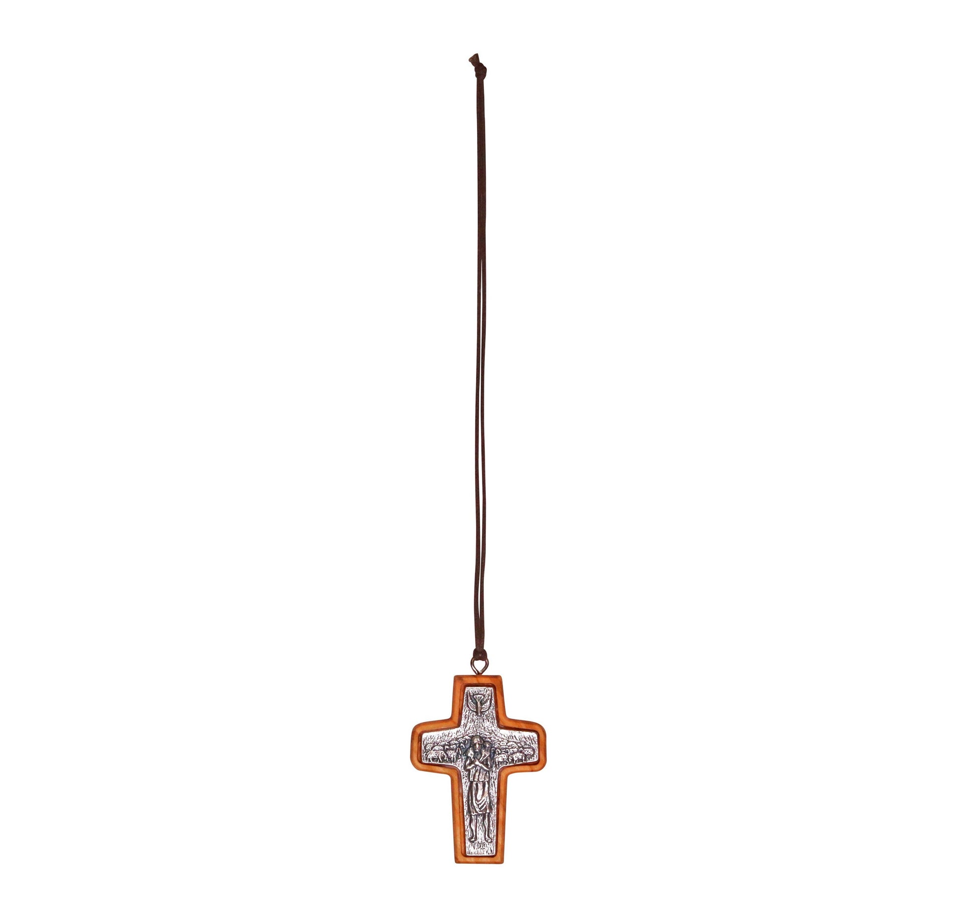 Shepherd's Embrace Pope Francis Olive Wood Framed Metal Cross Full Length