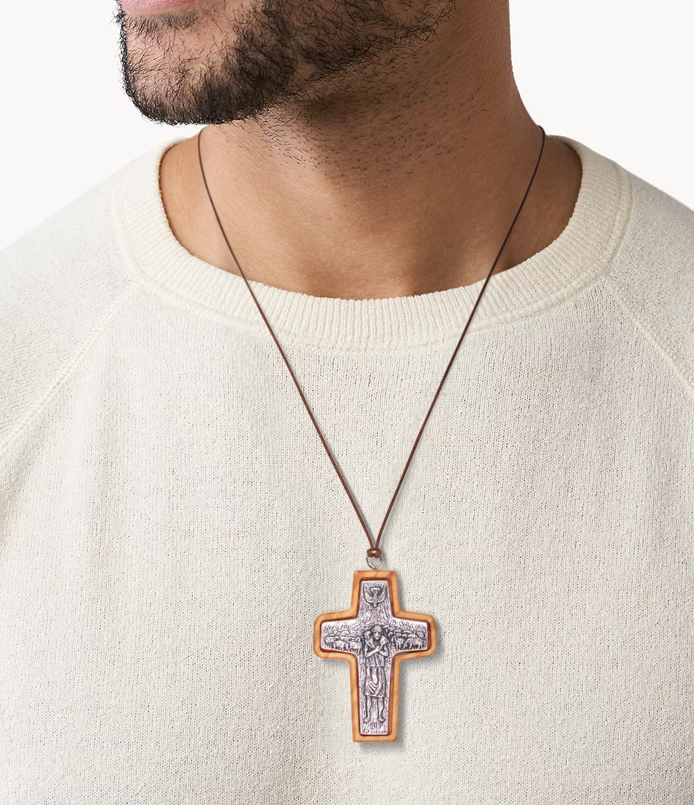 Shepherd's Embrace Pope Francis Olive Wood Framed Metal Cross On Man