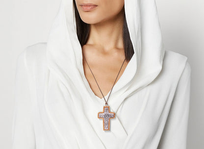 Shepherd's Embrace Pope Francis Olive Wood Framed Metal Cross On Woman