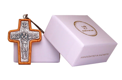 Shepherd's Embrace Pope Francis Olive Wood Framed Metal Cross Outside Gift Box