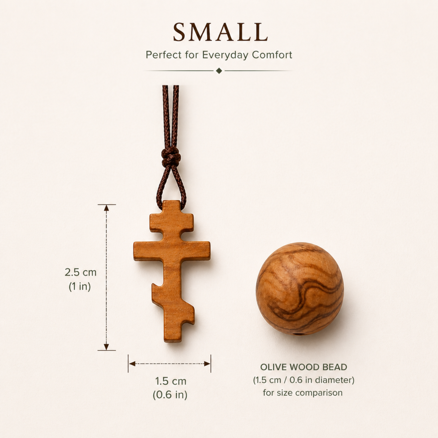Small size olive wood Russian Orthodox cross pendant with dimensions, handcrafted Christian jewelry