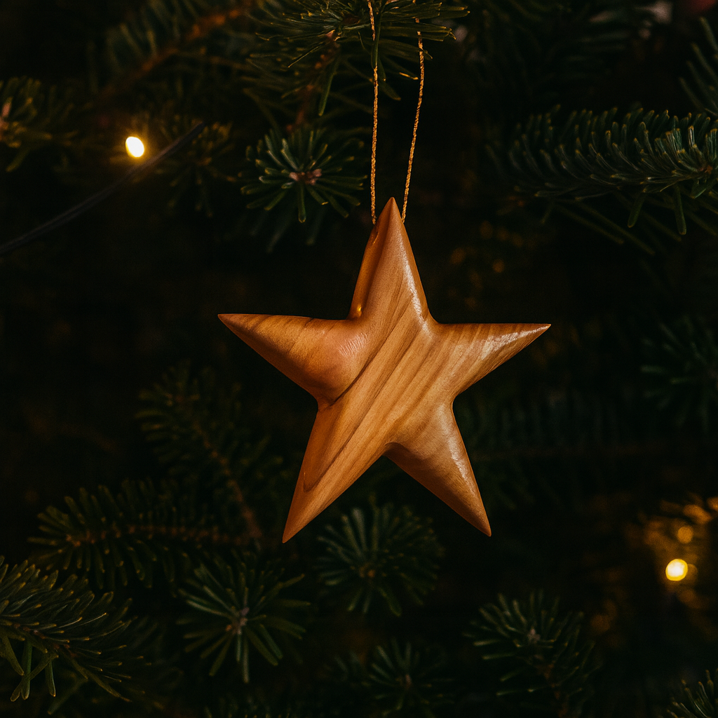 Star of Bethlehem Olive Wood Ornament On a Christmas Tree