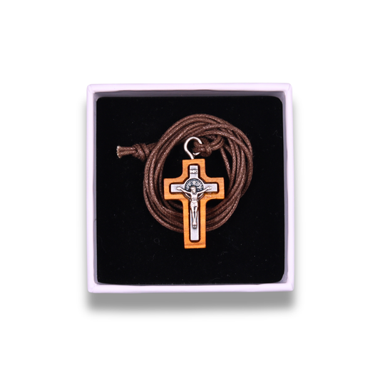 Stillness Olive Wood Crucifix Necklace in gift box