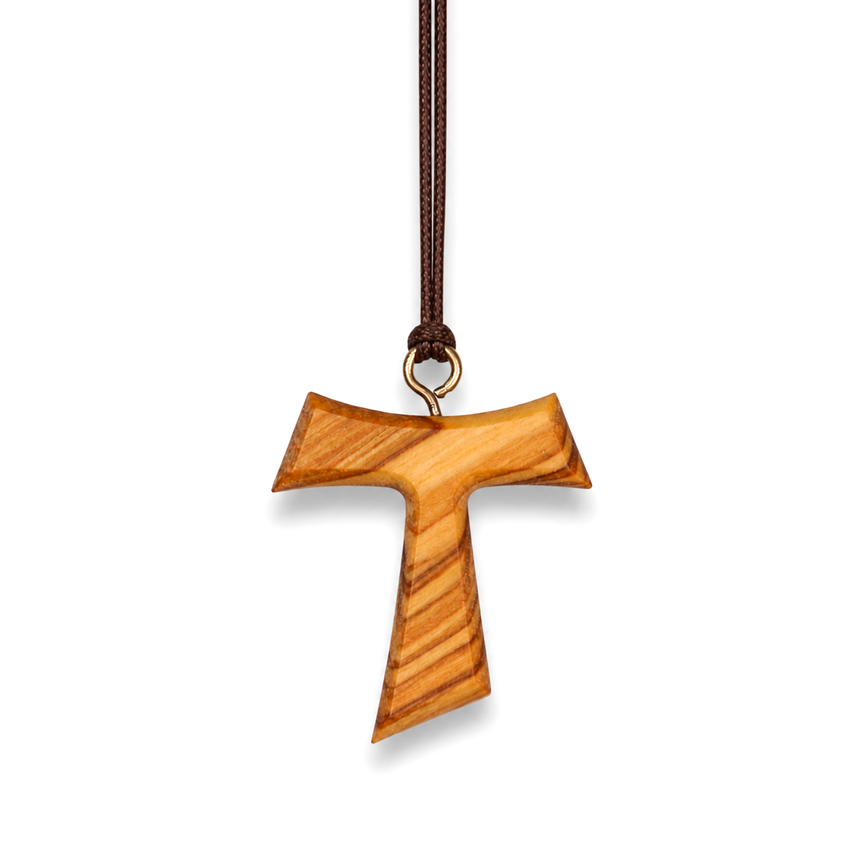 A wooden cross pendant with a natural olive wood grain pattern, suspended from a dark brown cord with a small gold-colored metal ring at the top, set against a plain white background.