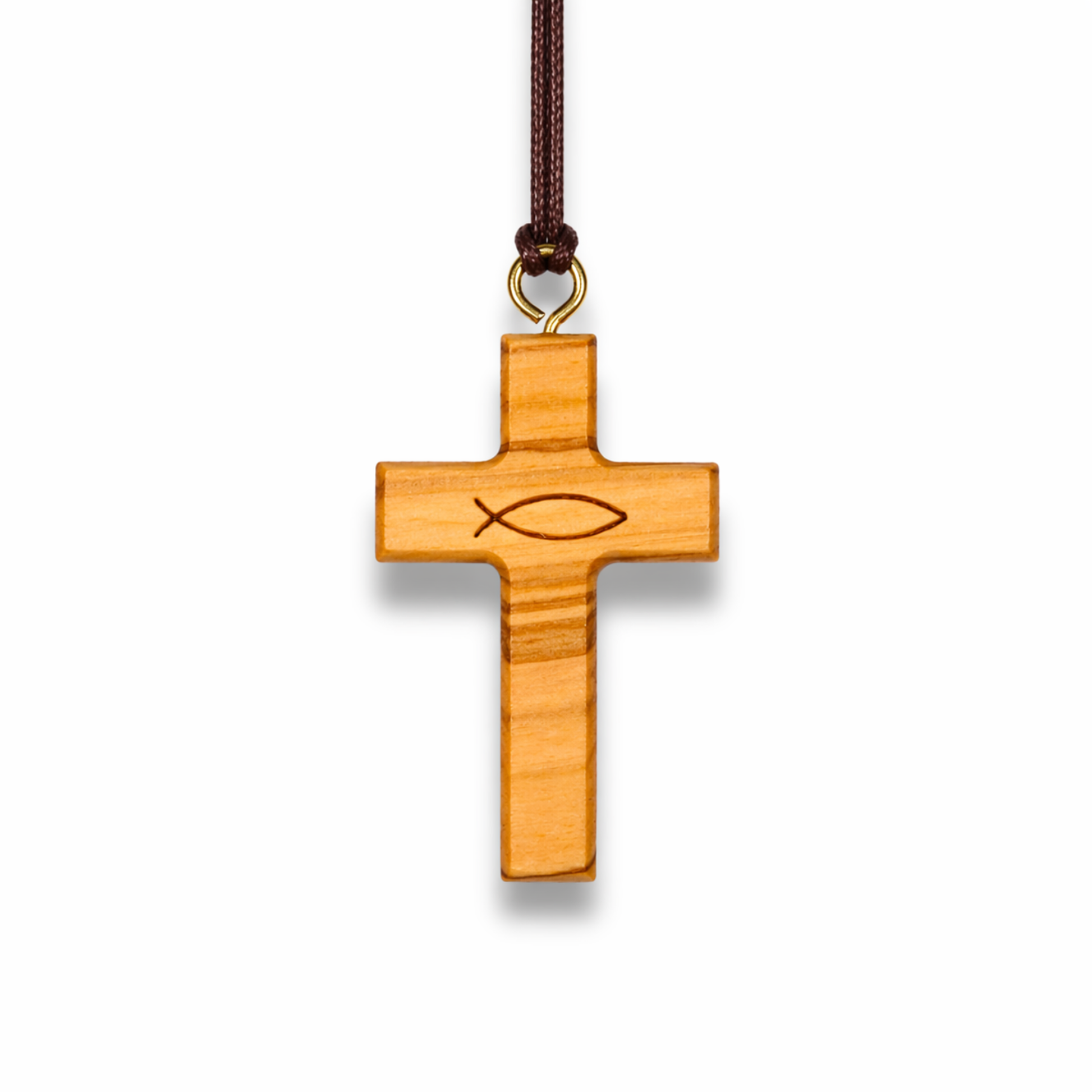 Olive Wood cross pendant with fish symbol on a white background