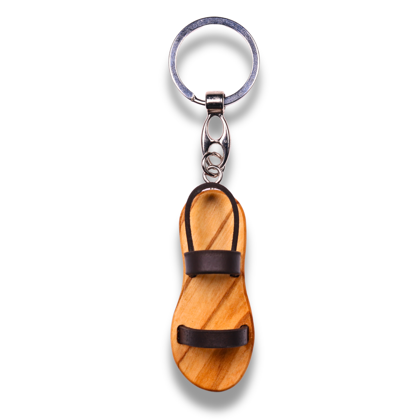 Wooden sandal keychain with a metal ring on a white background