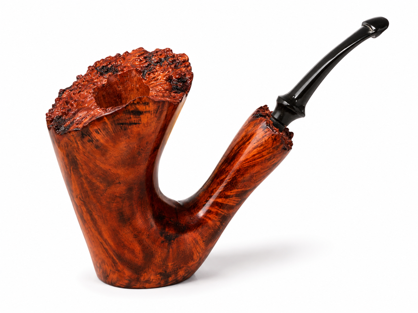 A smoking pipe with a polished, richly colored reddish-brown wood bowl showing dramatic grain patterns and dark charred edges, paired with a glossy black stem, isolated on a white background.