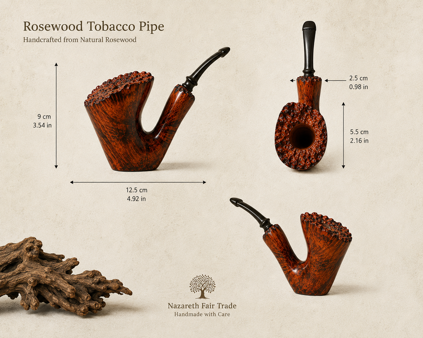 Three views of a rosewood tobacco pipe with dimension labels and a driftwood prop on a textured beige background. Text includes 'Rosewood Tobacco Pipe,' measurements in centimeters/inches, and the 'Nazareth Fair Trade' logo.