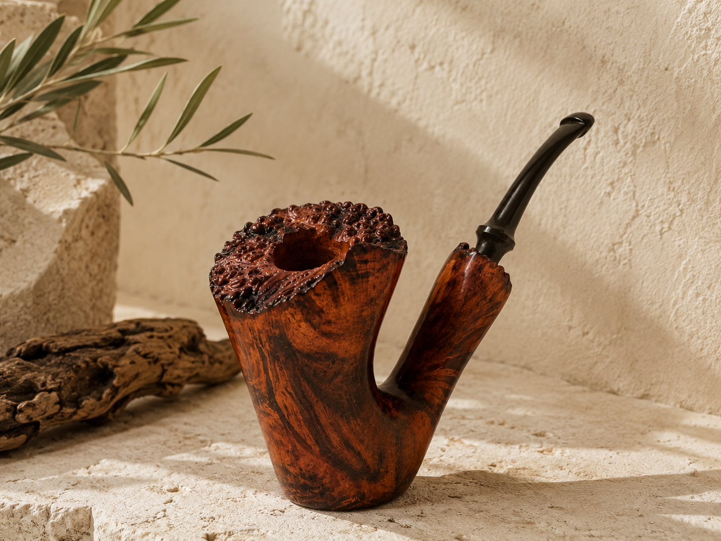 A rustic smoking pipe with a richly textured, burl wood body in warm reddish-brown tones and a dark curved stem, styled on a stone surface against a textured plaster wall.