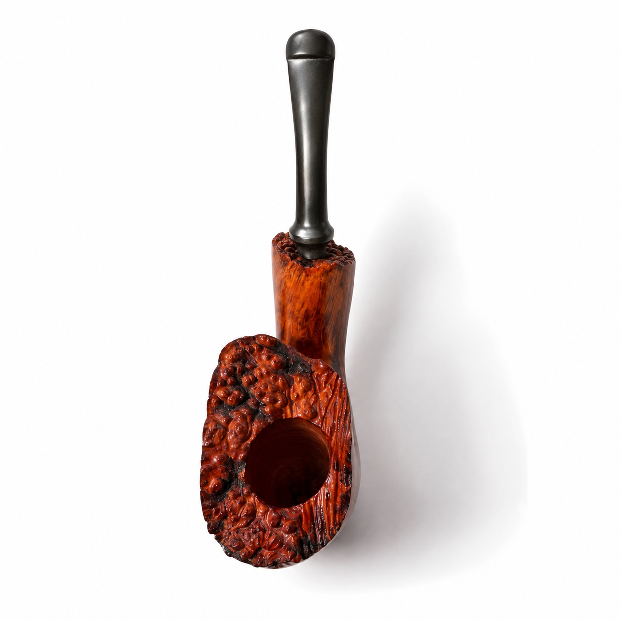 A smoking pipe with a richly textured, reddish-brown burl wood bowl and a dark, matte-finished stem, shown on a clean white background with a soft shadow.
