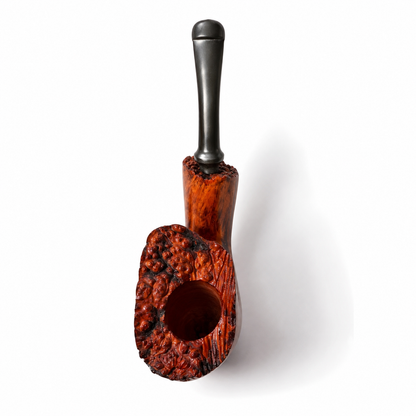 A smoking pipe with a richly textured, reddish-brown burl wood bowl and a dark, matte-finished stem, shown on a clean white background with a soft shadow.