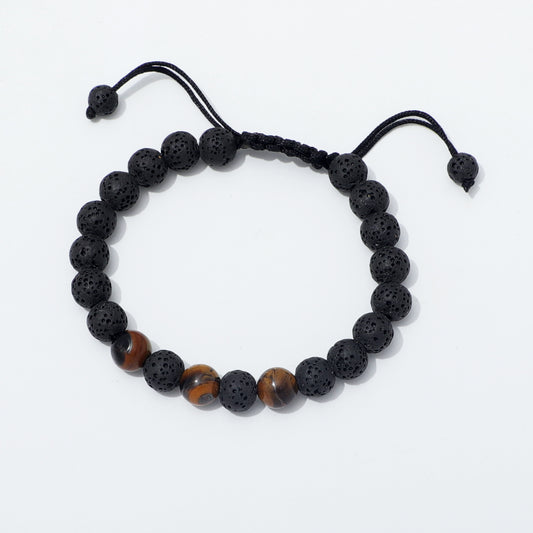 Top View of Tiger Eye and Lava Rock Adjustable Bracelet with Sliding Knot Closure