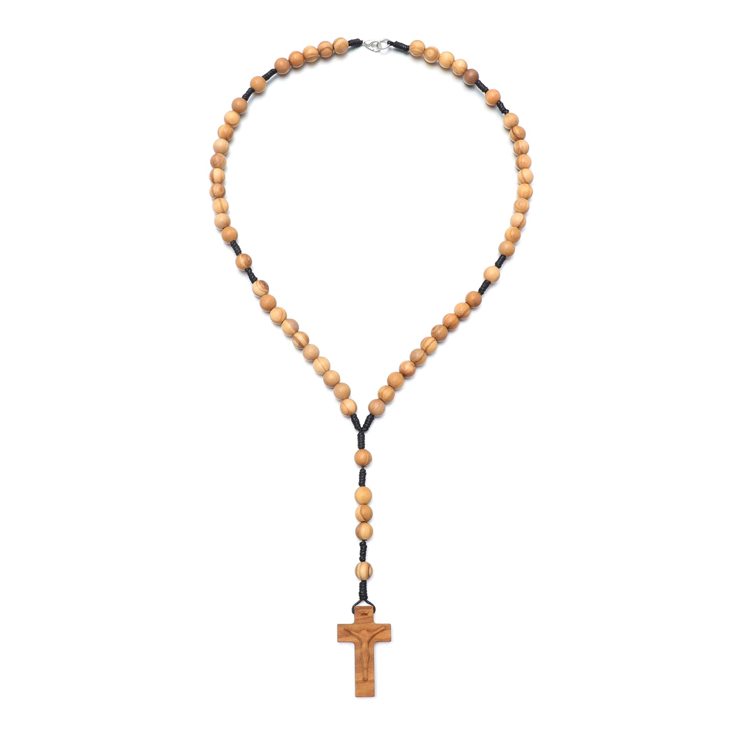 Wooden rosary necklace with a cross pendant on a white background