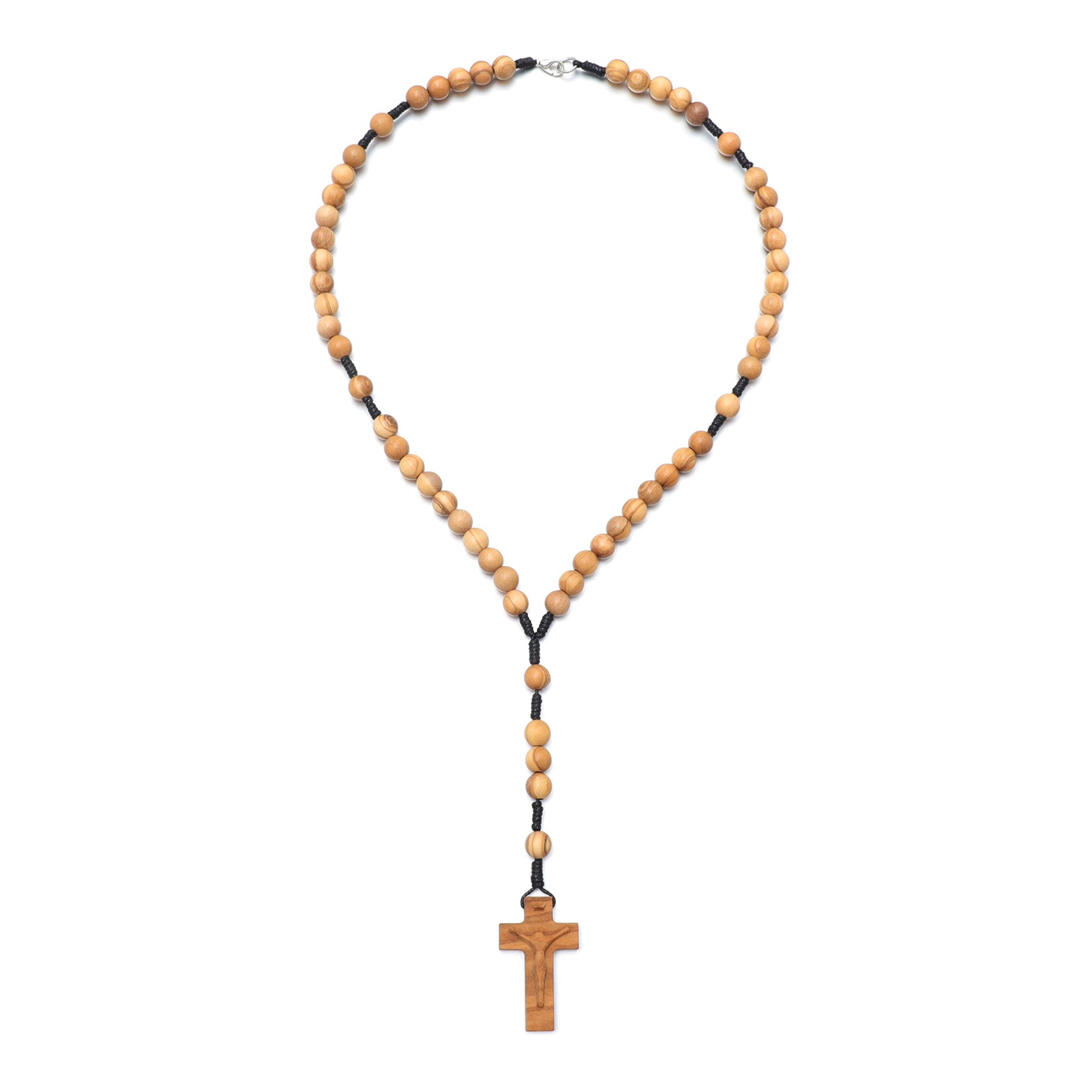 Wooden rosary necklace with a cross pendant on a white background