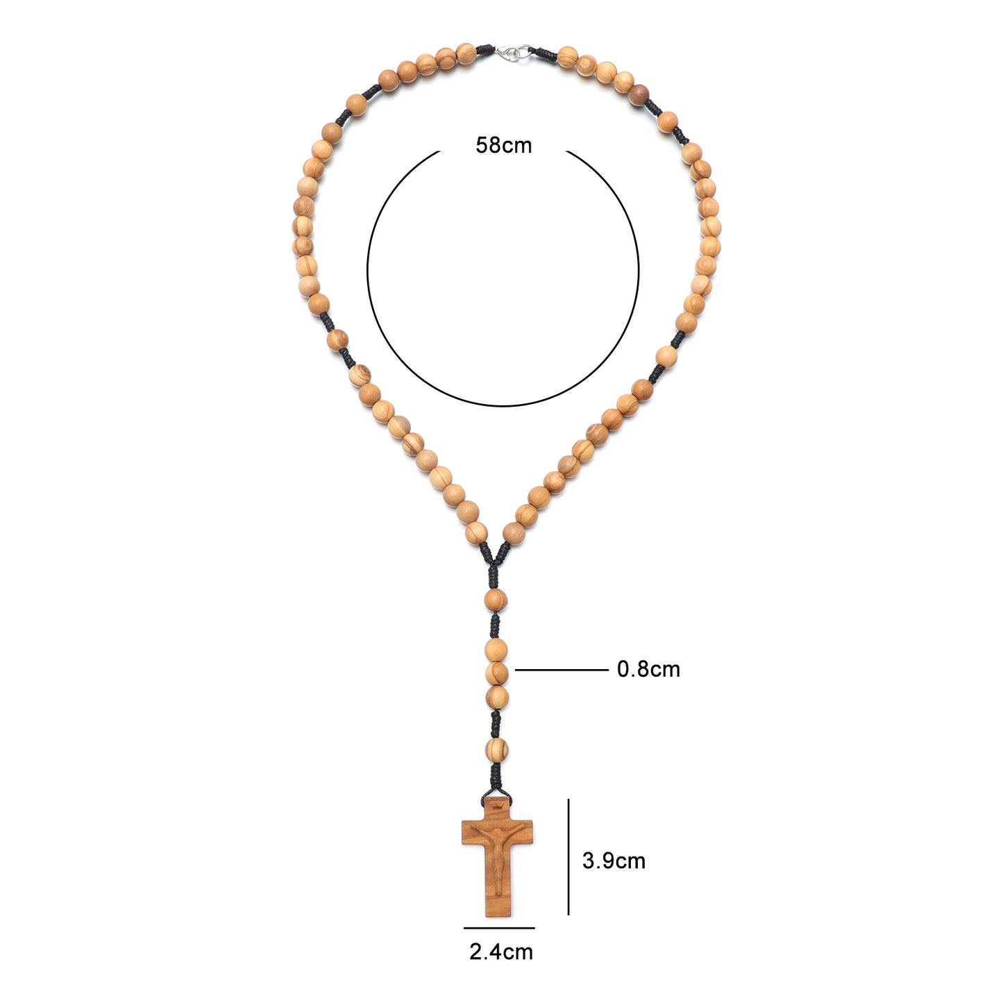 Wooden beaded necklace with a cross pendant, shown with measurements on a white background.