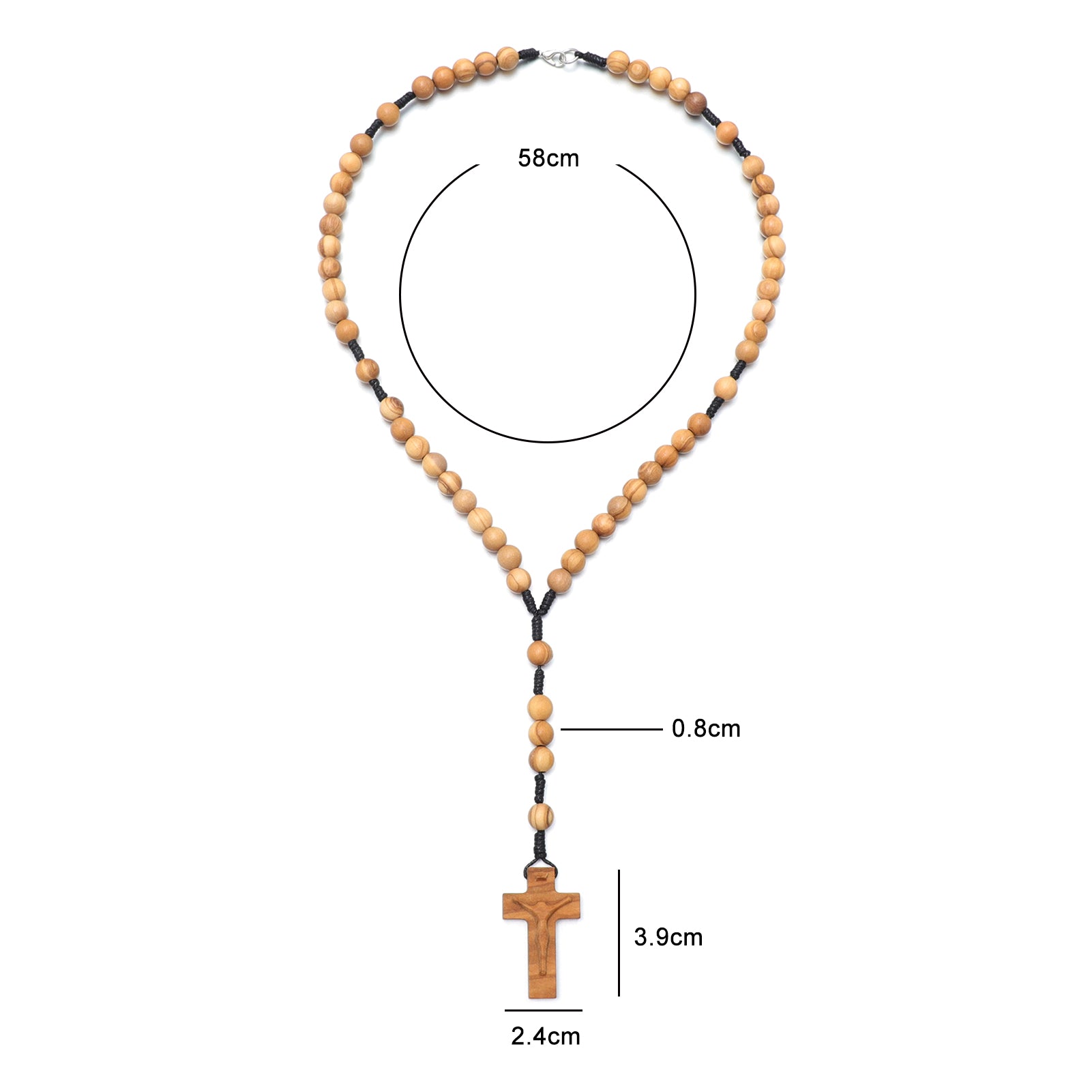 Wooden beaded necklace with a cross pendant, shown with measurements on a white background.