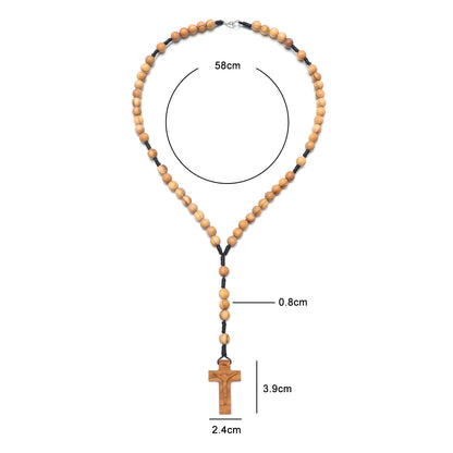 Wooden beaded necklace with a cross pendant, shown with measurements on a white background.