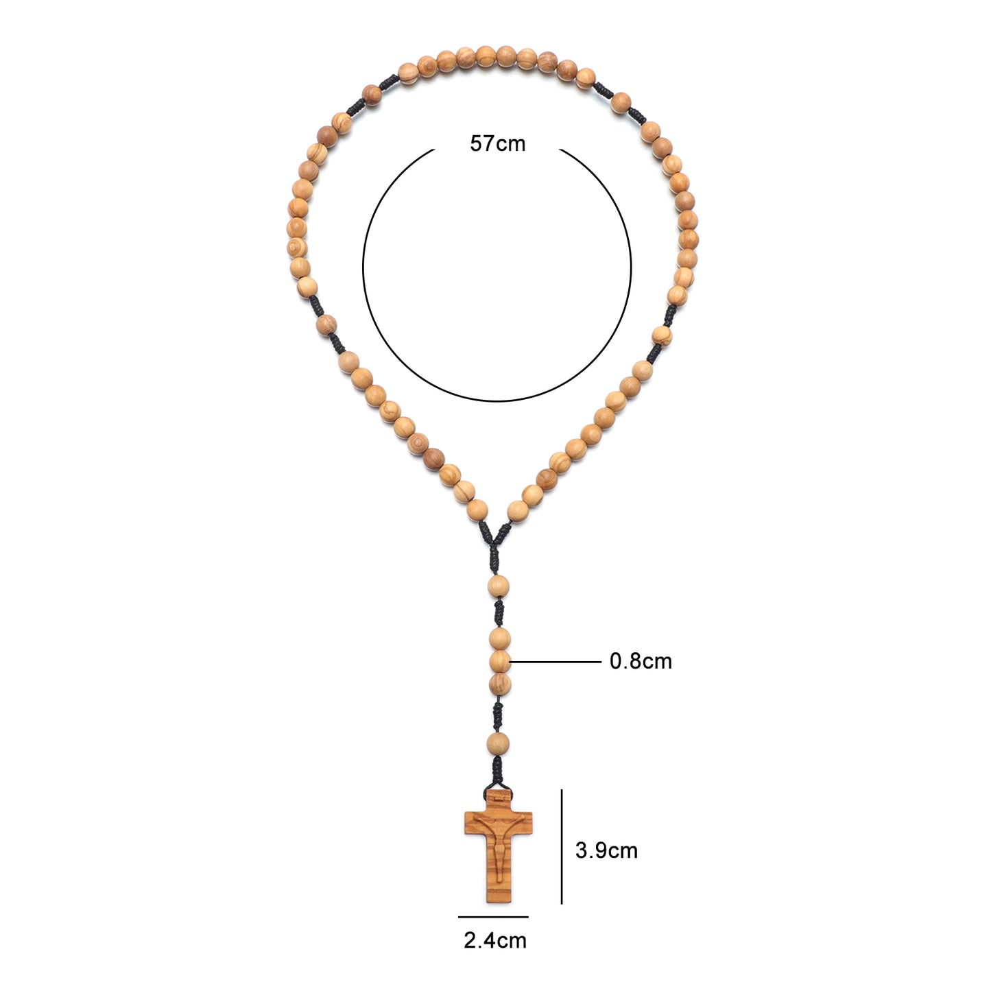 Wooden rosary with cross, measurements indicated on a white background