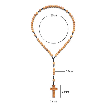 Wooden rosary with cross, measurements indicated on a white background