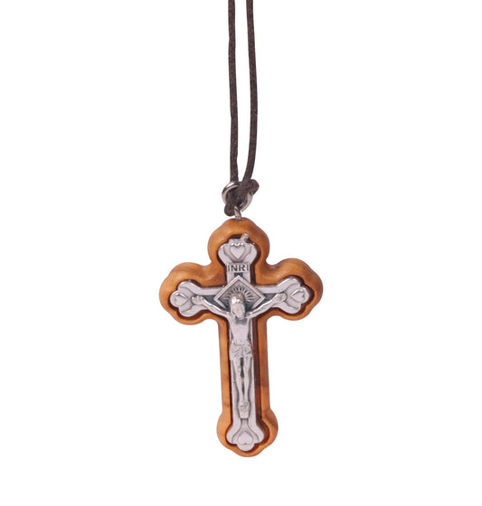 Tri-Protrusion Olive Wood Framed Metal Crucifix Necklace close up