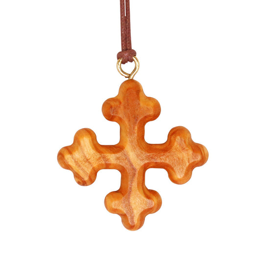 Triad-Tip Olive Wood Greek Orthodox Cross Necklace Close Up