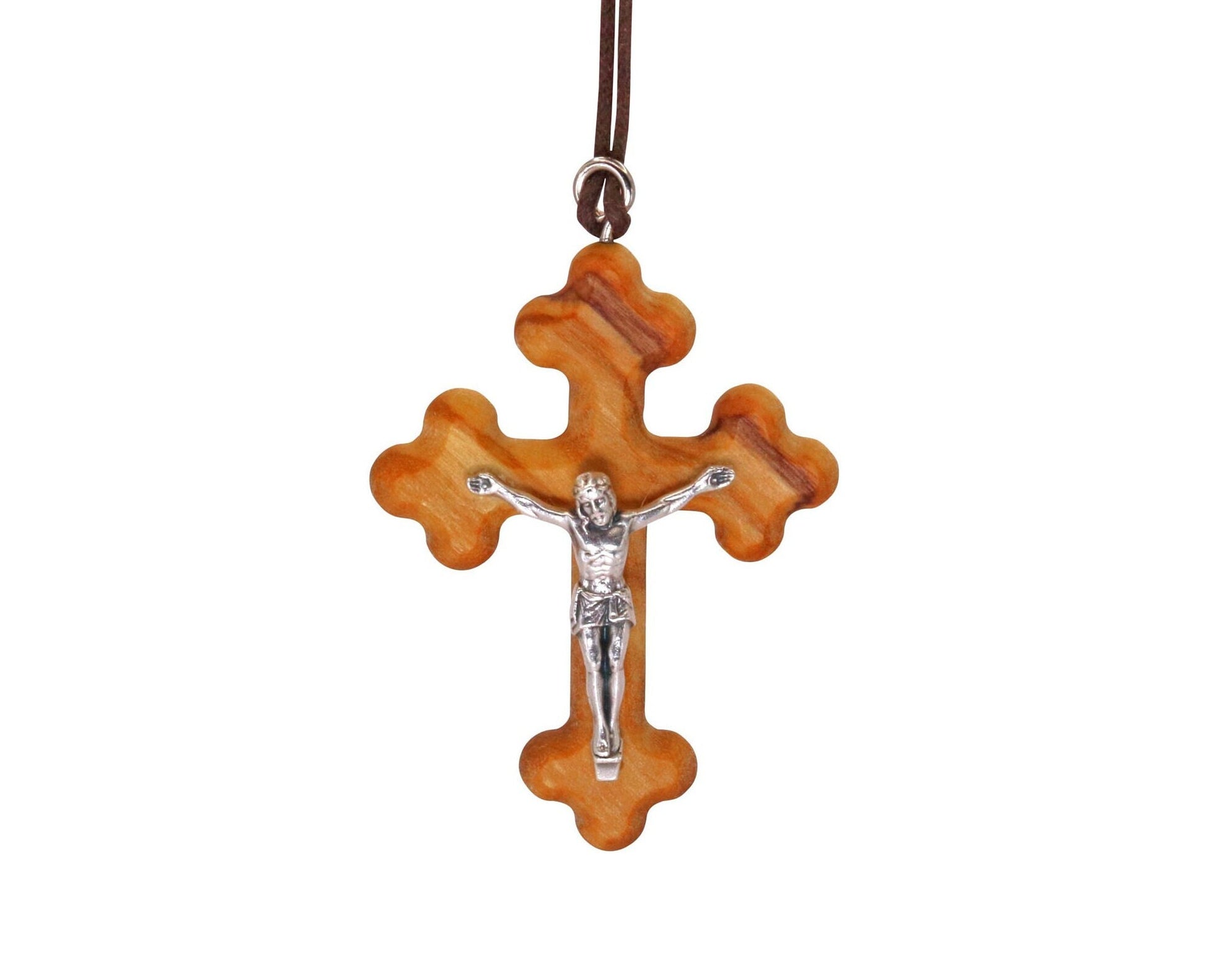 Trinity Waves Olive Wood Crucifix with Silver Christ Close Up