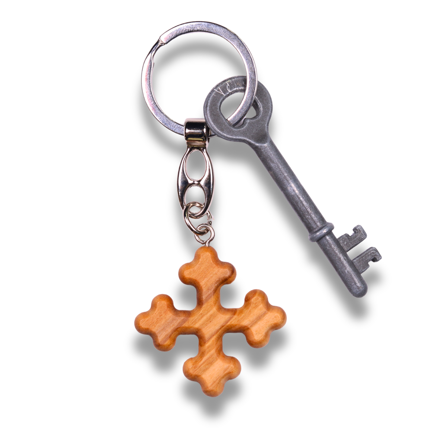 Triune Olive Wood Cross Keychain With Key