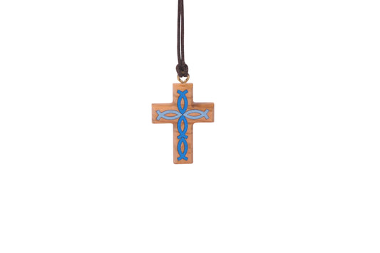 Twin Fish Olive Wood Cross Necklace blue close up