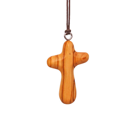 Unique Curved Artisanal Olive Wood Cross Necklace Close Up