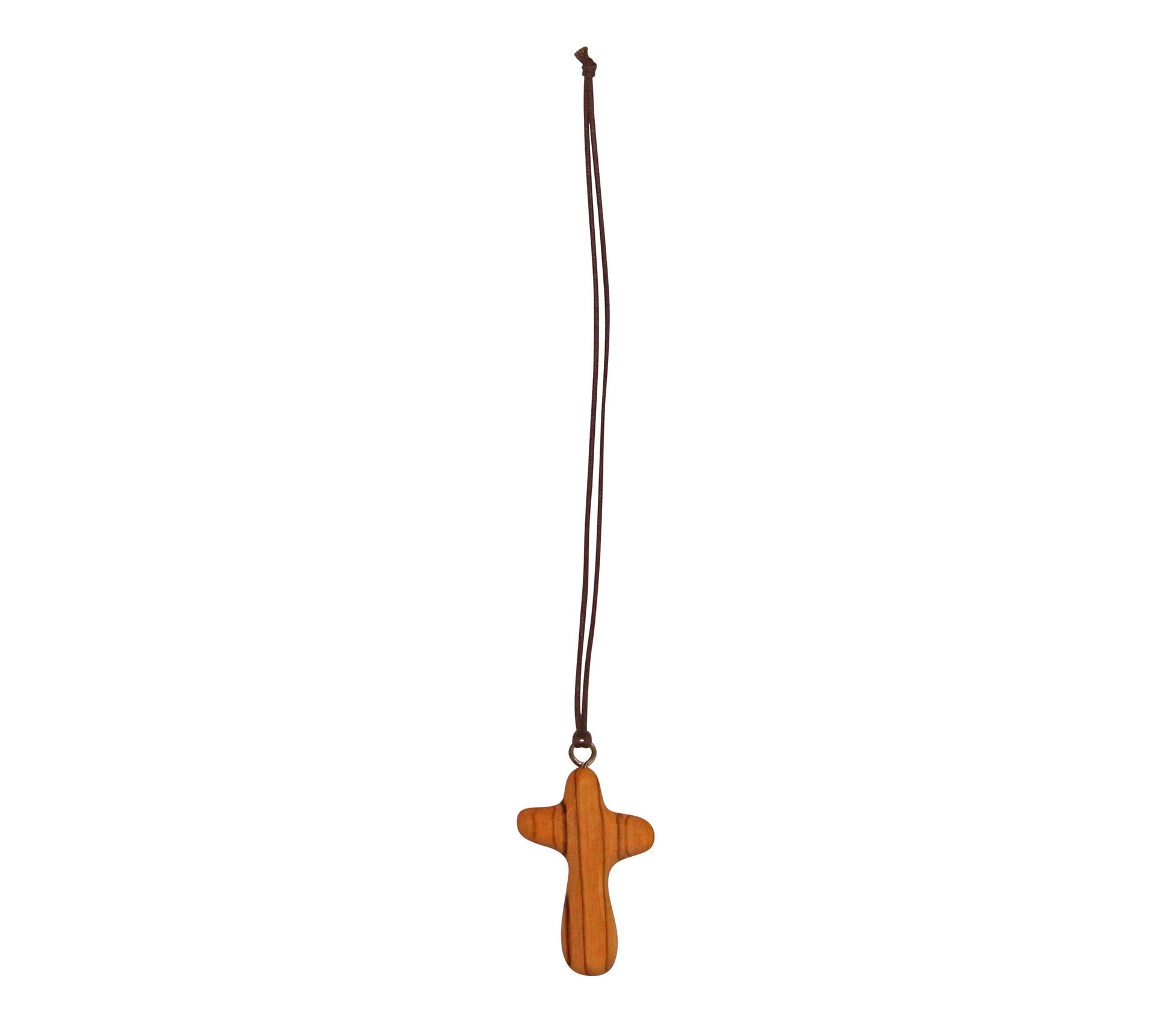 Unique Curved Artisanal Olive Wood Cross Necklace Full Length