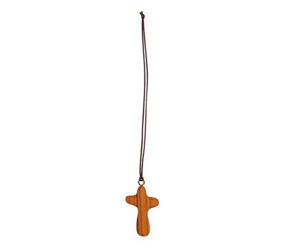 Unique Curved Artisanal Olive Wood Cross Necklace Full Length
