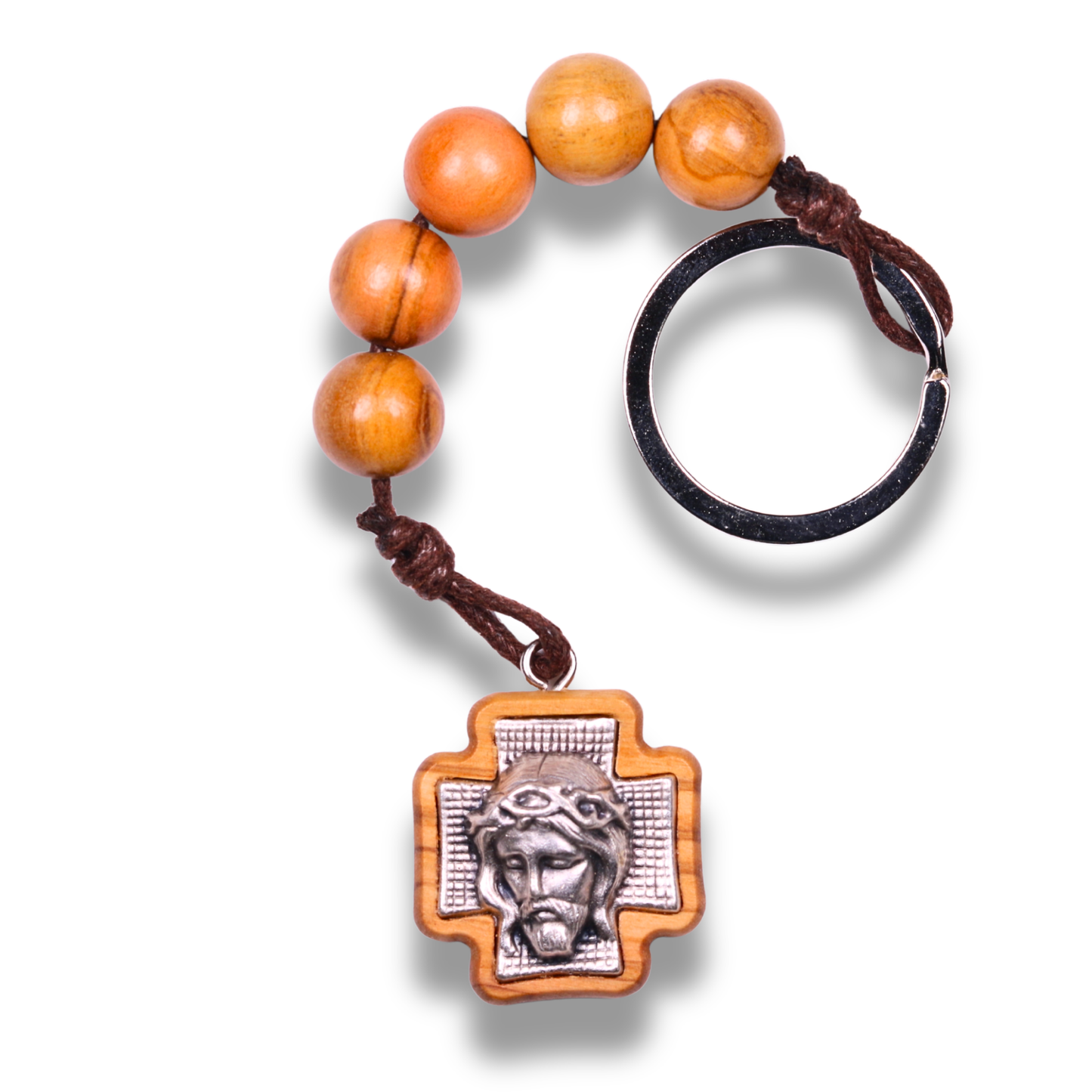 Visage Of Jesus Beaded Olive Wood Cross Keychain